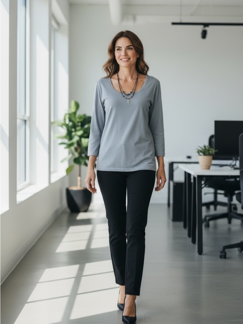 WHBM Gray Nylon Blend Scoop Neck 3/4 Sleeve Stretch Top Office Wear | XL